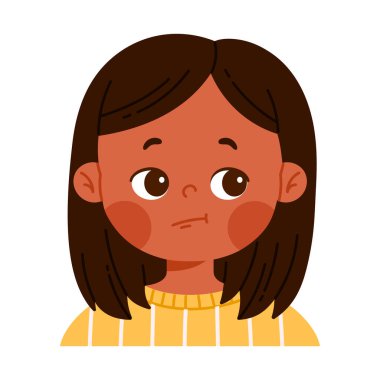 Tatlı, ağzı açık afro-amerikan kız karakteri. Şok olmuş yüz ifadesi. Duygusal tepkisi olan arkadaş canlısı çocuk avatarı. Çizgi film tarzında izole vektör illüstrasyonu