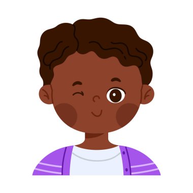 Cute happy African American boy character winking. Facial expression concept. Friendly child avatar with positive emotion. Isolated vector illustration in cartoon style