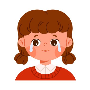 Ağlayan tatlı bir kız karakteri. Üzgün yüz ifadesi konsepti. Duygusal çocuk avatarı. Çizgi film tarzında izole vektör illüstrasyonu