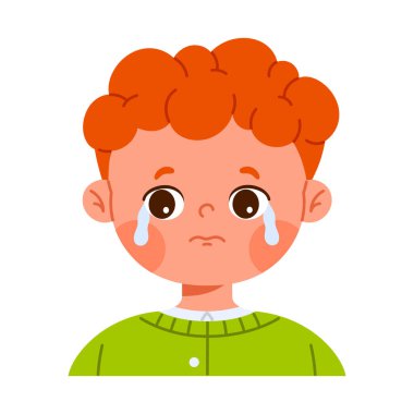 Ağlayan, tatlı, kızıl saçlı, ağlayan bir çocuk. Üzgün yüz ifadesi konsepti. Duygusal çocuk avatarı. Çizgi film tarzında izole vektör illüstrasyonu