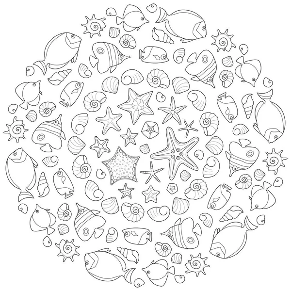 Mandala Mar Con Peces Estrellas Mar Ilustración Vectorial Blanco Negro — Archivo Imágenes Vectoriales