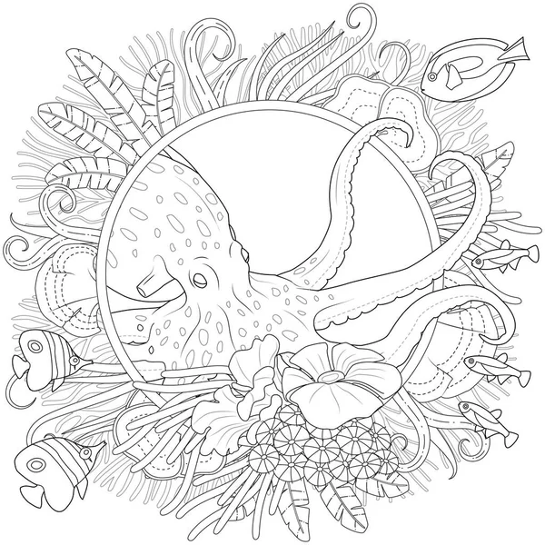 Oktopus Und Fische Schwarz Weiße Vektorillustration — Stockvektor