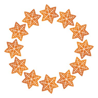 Round Christmas frame made of gingerbread star shape cookies. Hand drawn trendy flat style. Festive holiday Frame. Cookie Wreath. Ideal for Christmas postcards, posters, banners. Vector
