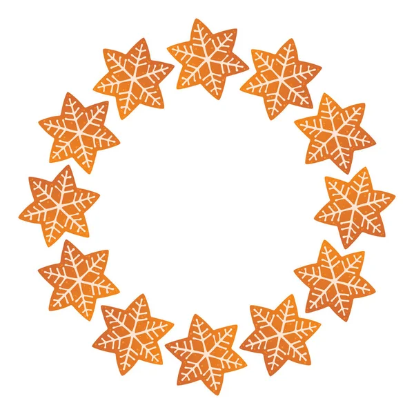Round Christmas frame made of gingerbread star shape cookies. Hand drawn trendy flat style. Festive holiday Frame. Cookie Wreath. Ideal for Christmas postcards, posters, banners. Vector