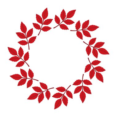 Simple Autumn red leaves circle frame. Hand drawn trendy flat style isolated on transparent background. round frame of autumn leaves. Ideal for poster, postcard. Golden season Hello fall. Vector