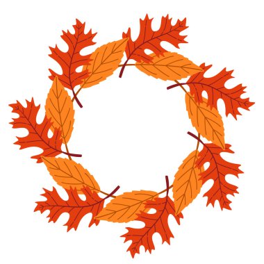 Simple Yellow and orange Autumn leaves. circle frame. Trendy flat style isolated on transparent background. round frame of autumn leaves. Ideal for poster, postcard. Golden season. Vector illustration