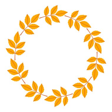 Simple Autumn leaves circle frame. Hand drawn trendy flat style isolated on transparent background. round frame of autumn leaves. Ideal for poster, postcard. Golden season Hello fall. Vector