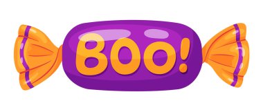 Halloween candy Boo! in bright wrapping. flat vector style. festive decorative candy. Halloween, spooky October holiday. trick or treat night. for project, party invitation, poster, greeting card, sticker.