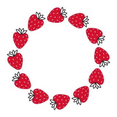 Dairesel çelenk şeklinde düzenlenmiş kırmızı çilekler. Basit düz vektör tasarımı Sevgililer Günü için mükemmel, temalı kartlar, güzellik, moda, romantik süslemeler, poster, çıkartmalar vektör ilüstrasyonları