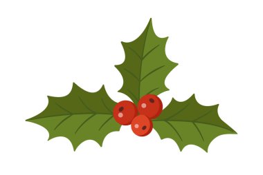 Yeşil yapraklı ve kırmızı dutlu Holly Dalı. El yapımı moda düz stil izole edilmiş. Noel kartları, kış dekorları, davetiyeler ve şenlik tasarımları için mükemmel. Vektör illüstrasyonu