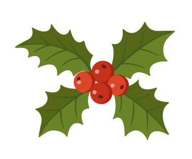 Yeşil yapraklı ve kırmızı dutlu Holly Dalı. El yapımı moda düz stil izole edilmiş. Noel kartları, kış dekorları, davetiyeler ve şenlik tasarımları için mükemmel. Vektör illüstrasyonu