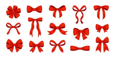 Çeşitli kırmızı fiyonklar, hediye kurdeleleri. El çizimi moda düz stil. Saç aksesuarları. Hediye paketi için papyon düğümleri. Hediye kaseleri. Kartlar, ambalajlar ve şenlikli dekorasyonlar için ideal. Vektör illüstrasyonu