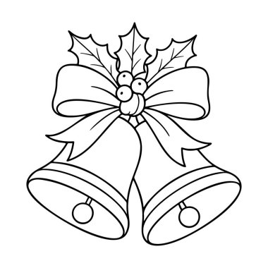 Noel çanları tarzı. El çizimi siyah ve beyaz izole ikon. Boyama sayfası, Noel tebrik kartı, kartpostal etiketi davetiye takvimi, internet afişi. Vektör illüstrasyonu