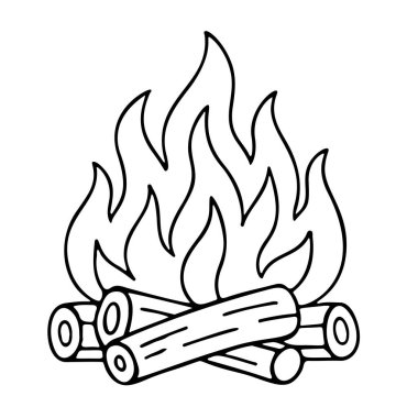 Şenlik ateşi ikonu Doodle tarzı. El çizimi siyah ve beyaz izole ikon. Boyama sayfası, sanat terapisi, çizgi sanatı, logoti. Vektör illüstrasyonu