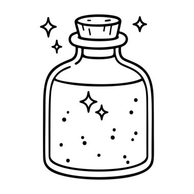 Bir şişe Zehir ana hatları ikonu. Doodle tarzı. El çizimi siyah ve beyaz izole ikon. Boyama sayfası, sanat terapisi, çizgi sanatı, logoti. Vektör illüstrasyonu