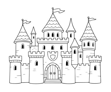 Castle ana hatları ikonu. Doodle tarzı. El çizimi siyah ve beyaz izole ikon. Boyama sayfası, sanat terapisi, çizgi sanatı, logoti. Vektör illüstrasyonu