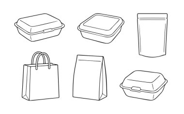 Geri dönüştürülebilir ambalaj seti. Doodle tarzı. El çizimi siyah ve beyaz izole ikon. Boyama sayfası, sanat terapisi, çizgi sanatı, logoti. Ekoloji ve atık geri dönüşümü. Vektör illüstrasyonu