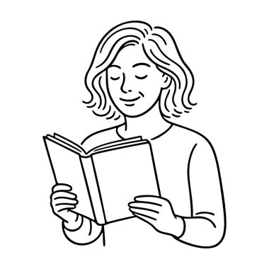 Kitap okuyan kız. Doodle tarzı. El çizimi siyah ve beyaz izole ikon. Boyama sayfası, sanat terapisi, çizgi sanatı, logotype, kavram, çalışma, rahatlama. Vektör illüstrasyonu