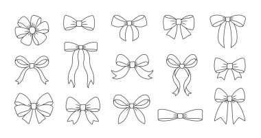 Çeşitli fiyonklar, siyah beyaz karalamalar, hediye kurdeleleri. El çizimi sanat tarzı. Saç aksesuarları. Hediye paketi için papyon düğümleri. Kartlar, ambalajlar ve şenlikli dekorasyonlar için ideal. Vektör
