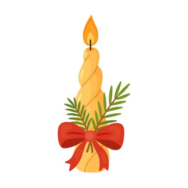 Çam dallı Noel mumu, kırmızı fiyonk. Düz vektör çizimi. Tatil kartları, kış dekorasyonu, davetiyeler ve şenlik tasarım projeleri için mükemmel. Vektör illüstrasyonu