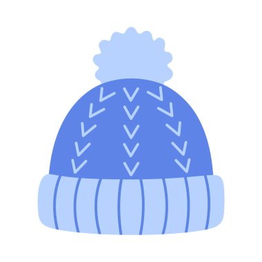 Açık mavi kurdeleli ve tüylü ponponu olan mavi örülü kış şapkası. Parlak El düz stil izole edildi. Kış modası, tatil temaları ve soğuk hava kıyafetleri tasarımları için. Vektör illüstrasyonu