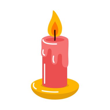 Sarı çay tabağında yanan parlak kırmızı mum, erimiş balmumuyla. Renkli düz stil. Tatil dekorasyonu için ideal, Noel grafiği, çıkartmalar, şenlikli ışıklandırma, kutlama teması. Vektör illüstrasyonu