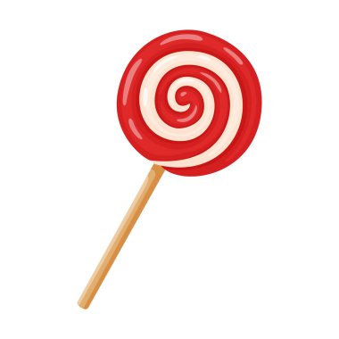 Yuvarlak, düz bir lolipop, tahta çubukta kırmızı ve beyaz spiral şeritli. Renkli düz stil. Tatil hediyeleri, festival grafikleri, kış kutlaması temaları, çocuk tasarımları, tatlı yemek reklamları için..