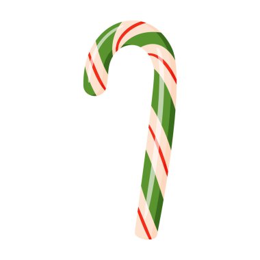 Yeşil, kırmızı ve beyaz çizgili şeker kamışı, düz renkli vektör çizimi. Bayram ziyafetleri, şenlikli grafikler, kış kutlaması temaları, çocuk tasarımları ve mevsimlik dekorlar için ideal..