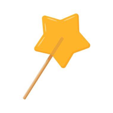 Çubuktaki yıldıza benzeyen sarı lolipop. Renkli düz stil vektör çizimi. Bayram ziyafetleri, şenlikli grafikler, kış kutlaması temaları, çocuk tasarımları ve tatlı yemek reklamları için ideal.