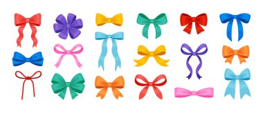 Çeşitli şekil ve stillerde renkli fiyonklar. Parlak düz stil vektör çizimi. Hediye paketleme, şenlik dekorasyonu, tebrik kartları, çıkartmalar, ambalaj ve el işi projeleri için ideal.