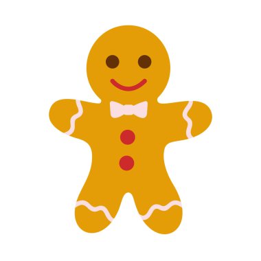 Kırmızı düğmeli zencefilli kurabiye, papyon ve gülen surat. Renkli düz stil vektör çizimi. Tatil pişirme, çıkartma, bayram yemekleri, mevsimlik grafikler ve çocuk teması için ideal