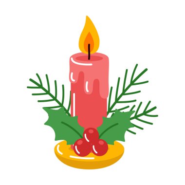 Yeşil köknar ağacı dalları, kutsal yapraklar ve kırmızı böğürtlenlerle çevrili kırmızı bayram yanan mumu. Renkli düz stil. Gelişim, mevsimlik dekor, şenlikli grafikler ve kış kutlaması temaları için ideal