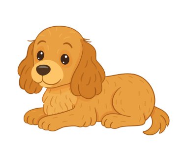 Cocker Spaniel dostça, mutlu bir ifadeyle uzanıyor. El çizimi düz stil vektör çizimi. Çıkartmalar, posterler, hayvan bakımı, köpek eğitimi, hayvan oyuncakları ve neşeli ürün grafikleri için ideal