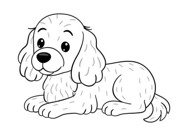 Şirin tüylü köpek, Cocker Spaniel uzanıp sakince dinleniyor. Doodle tarzı siyah beyaz çizgi sanatı. Evcil hayvan temalı çizimler için ideal, sanat projeleri için eğlenceli fikirler, boyama sayfaları.