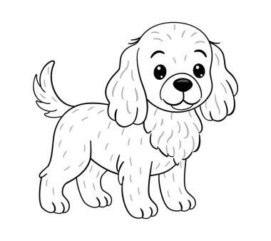 Şirin köpek, Cocker Spaniel kuyruğunu sallayarak dostça duruyor. Doodle tarzı siyah beyaz çizgi sanatı. Evcil hayvan temalı çizimler için ideal, sanat projeleri için eğlenceli fikirler, boyama sayfaları.