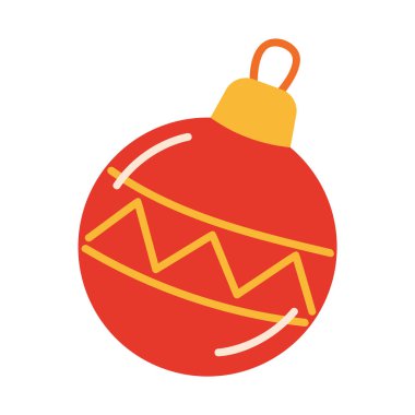 Sarı zigzag çizgileri ve altın şapkalı kırmızı Noel mücevheri. Düz stil vektör çizimi. Tatil dekorasyonu, tebrik kartları, web sitesi afişleri, kış kutlaması grafikleri, Noel süsleri için ideal.