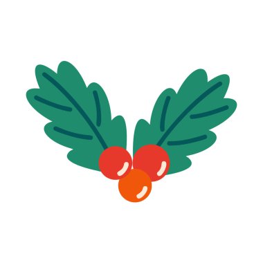 Üç parlak kırmızı böğürtlen içeren yeşil kutsal yapraklar. Düz stil vektör çizimi. Tatil sınırları, tebrik kartı tasarımı, kış düğün grafikleri, Noel ve Yeni Yıl kutlamaları için ideal.