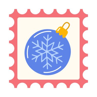 Kare posta pulu, mavi Noel mücevheri, kar tanesi tasarımı, pembe delikli kenar. Düz stil vektör çizimi. Tatil postaları, Noel kırtasiyesi ve kış tasarım projeleri için ideal.