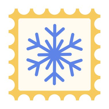 Kare posta pulu mavi stilize kar tanesi, sarı delikli kenar. Düz stil vektör çizimi. Tatil postaları, Noel kırtasiyesi ve kış tasarım projeleri için ideal