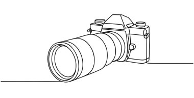 Uzaktan objektifli profesyonel bir kamera çizimi. Fotoğraf logoları, yaratıcı ikonlar ve modern sanat baskıları için uygun zarif ve sürekli bir çizgi. Vektör illüstrasyonu