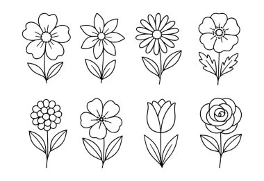 Sapı ve yaprakları olan sekiz farklı çiçek seti. Siyah beyaz çizgi karalama stili. Boyama sayfaları ve doğa tasarımları için ideal. Vektör illüstrasyonu