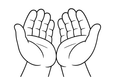 Dua ederken birbirine sarılmış iki el ya da hediye almak. Siyah beyaz çizgi sanatı. Basit karalama stili. Boyama sayfaları, dini temalar ve hayır işleri için harika. Vektör illüstrasyonu