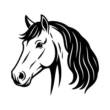 Dalgalı koyu yeleli at kafası. Zarif Detaylı siyah beyaz çizgili sanat tarzı. Boyama sayfaları, binicilik logoları ve doğa temalı tasarımlar için mükemmel. Vektör illüstrasyonu