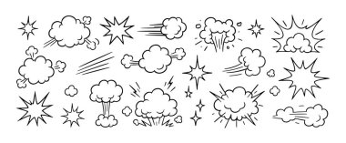 Çizgi roman patlaması ve duman efekti bulutlar karalama seti. Pop sanat, manga ve grafik tasarım için siyah beyaz çizgiler. Çıkartmalar, simgeler ve dinamik görseller için ideal. Vektör illüstrasyonu