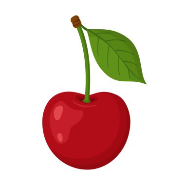 Yeşil yapraklı ve saplı tek kırmızı kiraz. Parlak El düz moda. Yemek tasarımları, yaz grafikleri, ambalajlar, çıkartmalar, menüler, sağlıklı yaşam tarzı temaları için mükemmel. Vektör illüstrasyonu