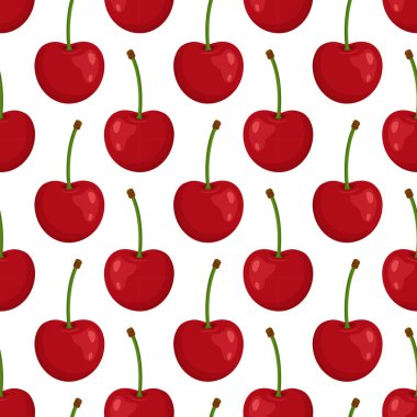 Kırmızı kirazlı ve yeşil saplı pürüzsüz desen. Parlak düz stil. Tekstil, ambalaj kağıdı, mutfak dekorasyonu, ambalaj ve yaz tasarımları için ideal. Vektör illüstrasyonu