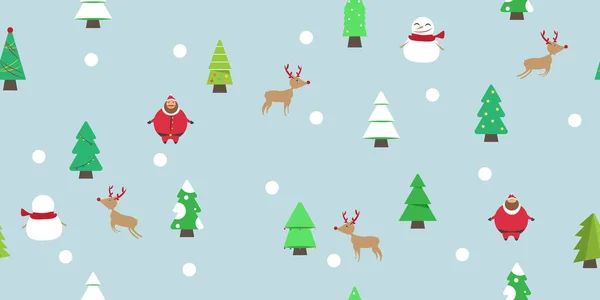メリークリスマスシームレスなパターン サンタ クリスマスツリー スノーマンとトナカイの青い背景 — ストックベクタ