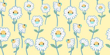 Çiçekler pürüzsüz desen, sarı duvar kağıdındaki Daisy çizgi film karakterleri.