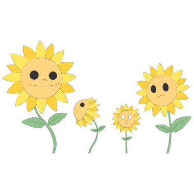 Güneş çiçeklerinin çizgi çizimleri, sevimli çizgi film karakterleri, izole vektör çizimleri.