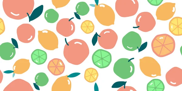 Frukt Sömlöst Mönster Hand Rita Lime Orange Och Citron Vit — Stock vektor
